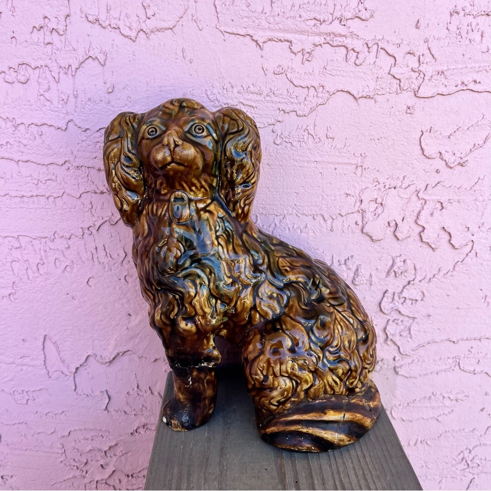 Vintage Spaniel Dog Statue Pottery Brown Glaze Staffordshire Style Flaw